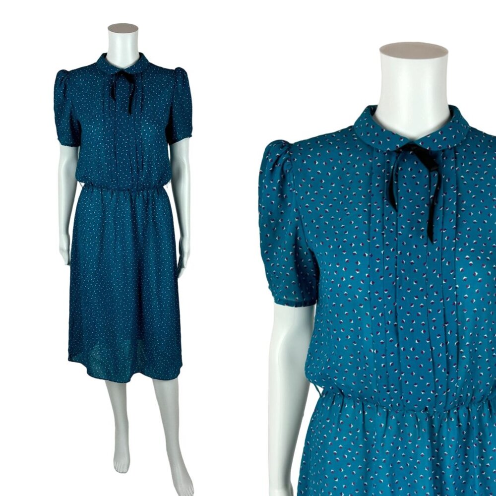 Vintage 80s Turquoise Dress Womens Medium Printed Sheer Printed Peter Pan Collar